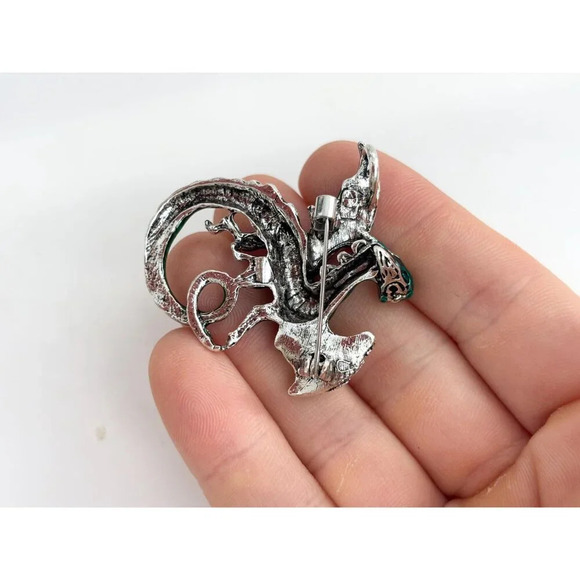 Green Enamel Flying Dragon Silver Toned Vintage Brooch Pin - Picture 4 of 10